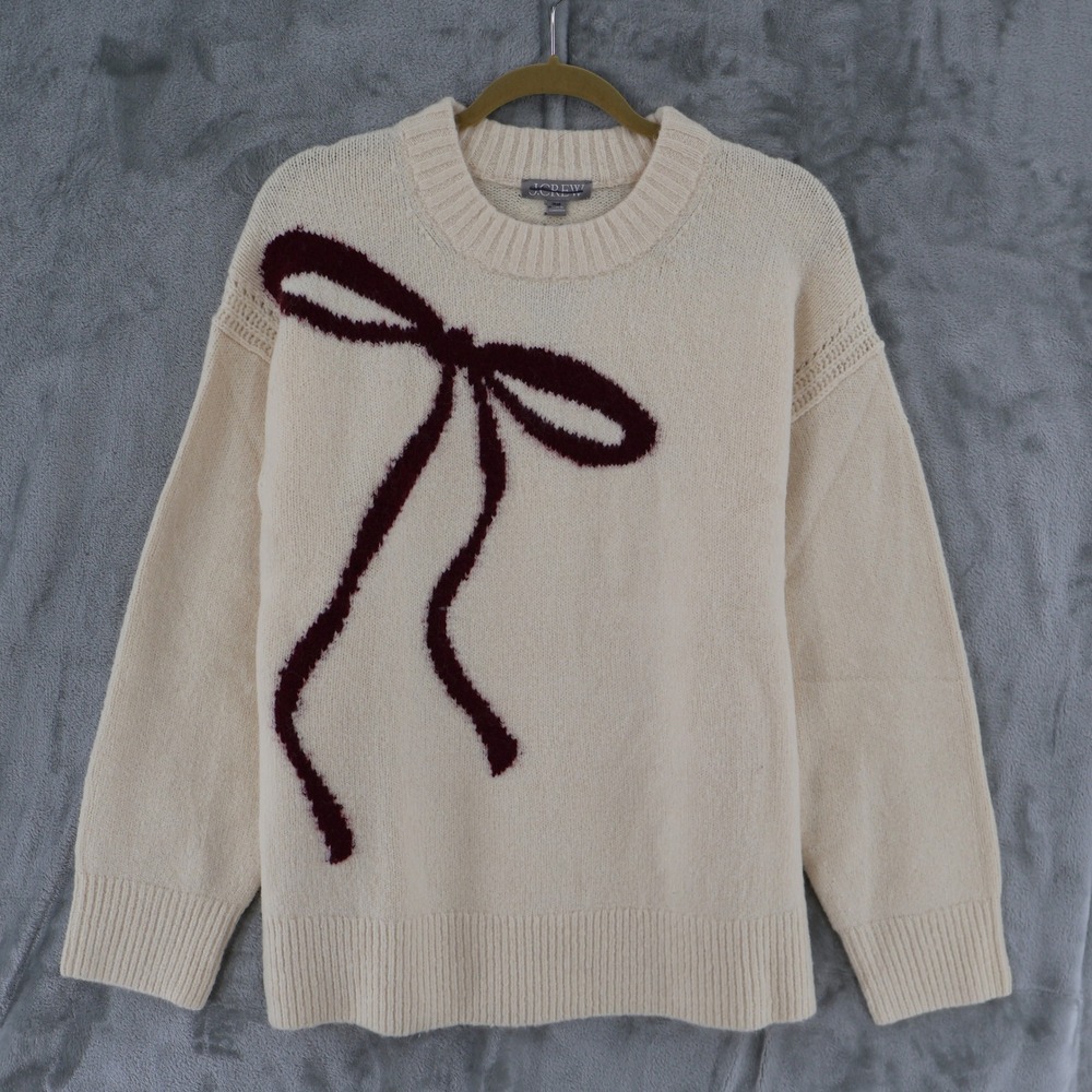 J.Crew Relaxed Wool Bow Sweater Women Medium Cream Coquette Festive $148 NWT